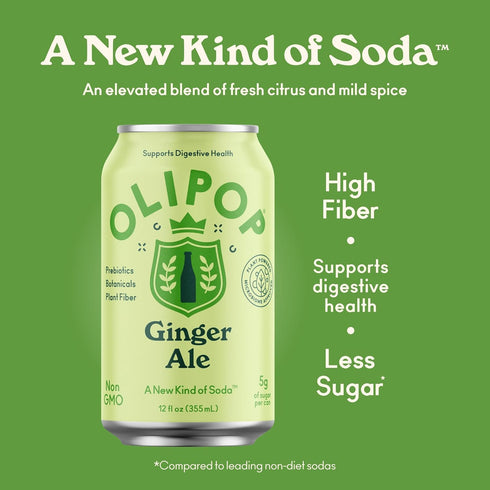 Pack Packed 12oz (12-Cans) OLIPOP Prebiotic Soda Pop, Ginger Ale, Pantry with Prebiotics, Fiber, and Botanicals, Gluten