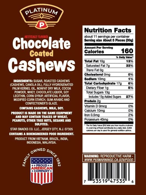 Platinum 12 oz Packs - Chocolate Coated Cashews Resealable Pouch | Chocolate Candy Covered Flavored Cashew, Roasted