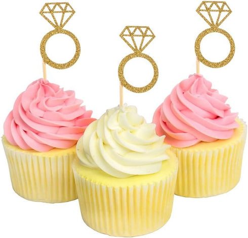 50 Pack Gold Glitter Mini Diamond Ring Cupcake Toppers for Marriage, Engagement, Anniversary, Birthday Party Cake Decor
