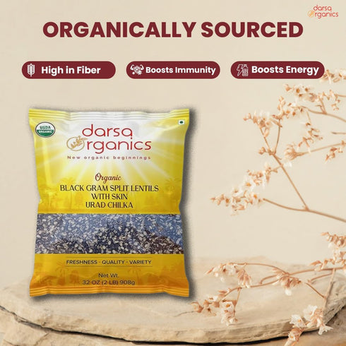 2lb Darsa Organics Split Urad Dal (Chilka) - Organic Black Gram Lentils with Skin - USDA Certified, Non-GMO
