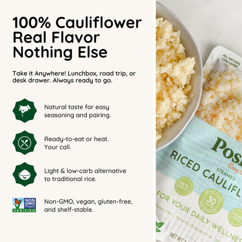 (7oz, 6 Pack) POSHI Riced Cauliflower | All Natural, Fully Cooked, Ready to Eat, Non-GMO, Low Calorie + Carb, Gluten