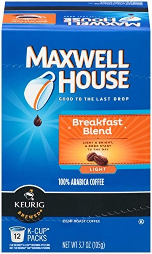 12 count (Pack 1) Maxwell House Breakfast Blend Ground Coffee, Light Roast K-Cup Pods