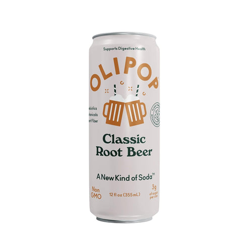 Pack Packed 12oz (12-Cans) OLIPOP Prebiotic Soda Pop, Classic Root Beer, Pantry with Prebiotics, Fiber, and Botanicals