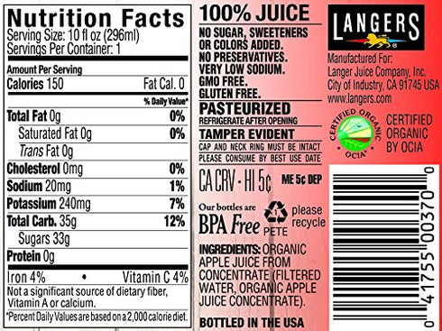 100% 10 Oz (Pack 12) Langers Organic Apple Juice, Fl