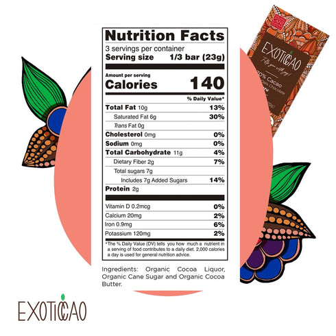 Exoticcao 4 Pack |70% Cacao|2.47 oz Organic Dark Chocolate Bars|Cane Sugar Sweetened|Gluten-Free, Vegan, Non GMO,Dairy