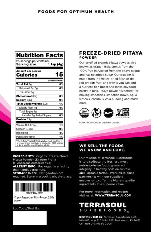 Terrasoul Superfoods Organic Freeze-Dried Pitaya Powder, 3.5 Oz, Antioxidants, Vitamin C, Vibrant Color