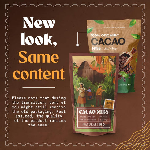 1 lb. NaturaleBio Cacao Nibs Organic Unsweetened, Non-Alkalized and Pure. Sugar-Free Dark Chocolate Chips Substitute.