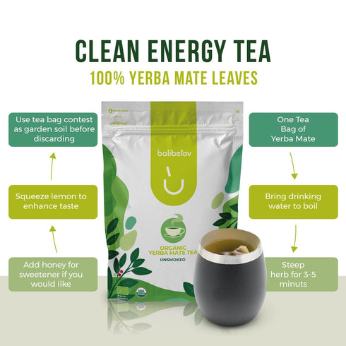 100 Count, BALIBETOV Organic Unsmoked Yerba Mate Tea Bags Traditional Cut, Clean Natural Energy, Gluten-Free & Vegan