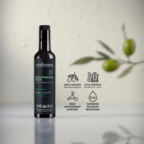 100% 500 mL (16.9 Masmana High-Polyphenol Extra Virgin Olive Oil Early Harvest & Cold Pressed, Polyphenol-Rich EVOO