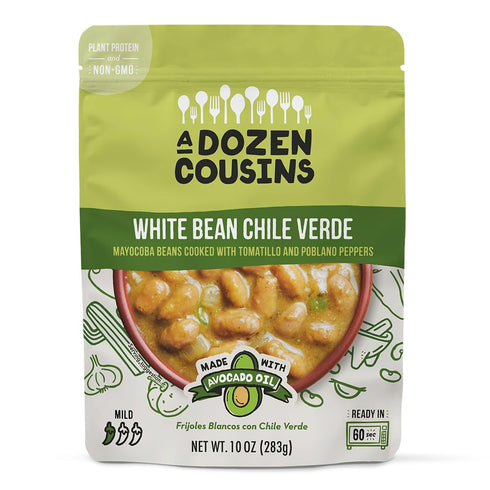 Dozen 6pk, A Cousins Vegan White Bean Chile Verde Seasoned Healthy Microwave Beans in Avocado Oil, Ready to Eat