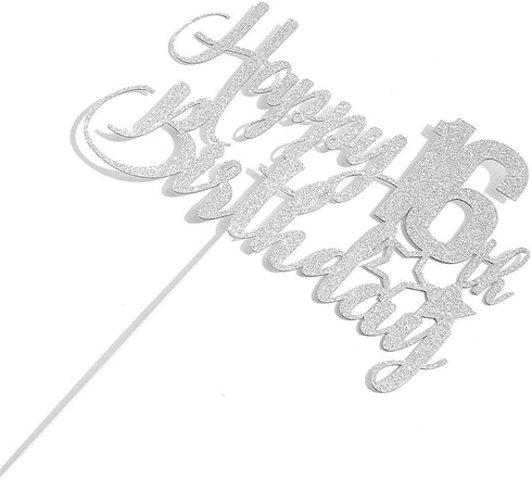 Silver Glitter Happy 16th Birthday Cake Topper - 16th Birthday Party Decoration, 16th Birthday Cake Topper