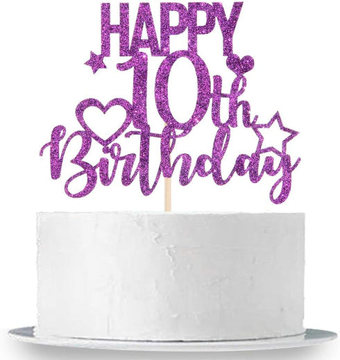 Purple Glitter Happy 10th Birthday Cake Topper - Cheers to 10 Years Children's Birthday Party Cake Decorations