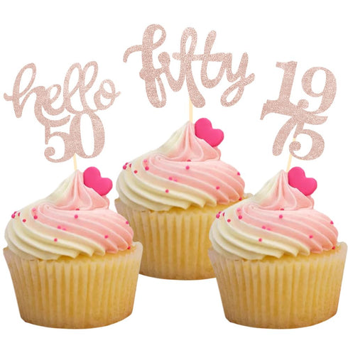 24 Pcs Rose Gold Glitter Cupcake Toppers for 50th Birthday Party Celebrations and Decorations