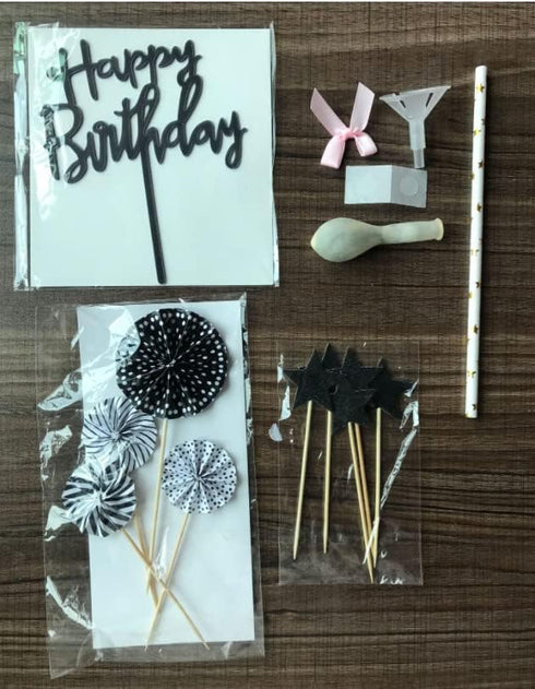 Black Happy Birthday Cake Topper Set, 11 PCS Acrylic Topper, Confetti Balloon, Cool Stars, Cupcake Picks for Dad Man