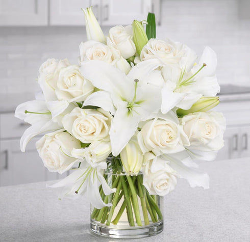BloomsyBox Elegant White Lilies & Roses (Glass Vase Included) Fresh Flowers for