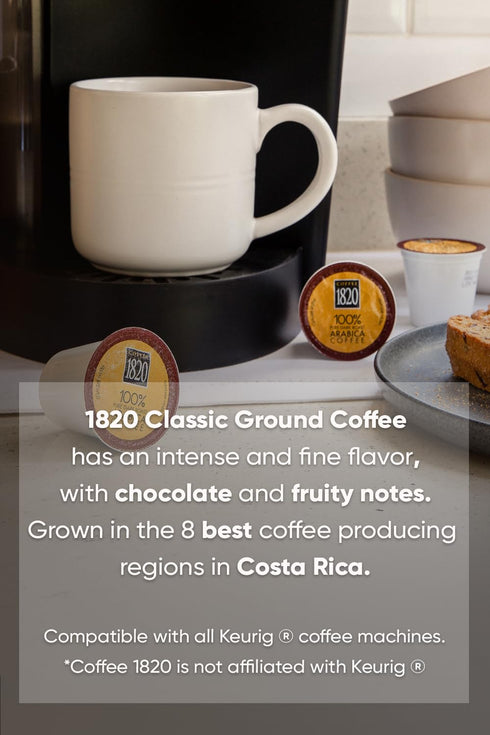 1820 100% 48 Caf Classic Ground Coffee Cups, Premium Costa Rican Dark Roast, Arabica, Compatible with Keurig Machines