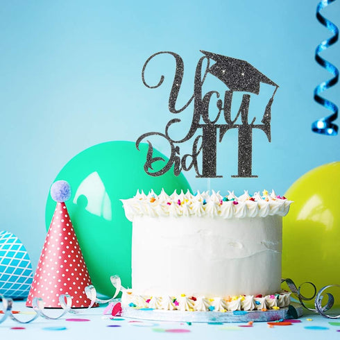 Black Glitter You Did It Cake Topper, Congrats Grad, High School College Graduation Party Decorations
