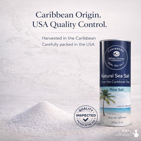 100% (9 oz) Gourmet Fine Sea Salt Caribbean Sea Salt, Natural & Unrefined, Naturally Mineral-Balanced, Fine Grain Table