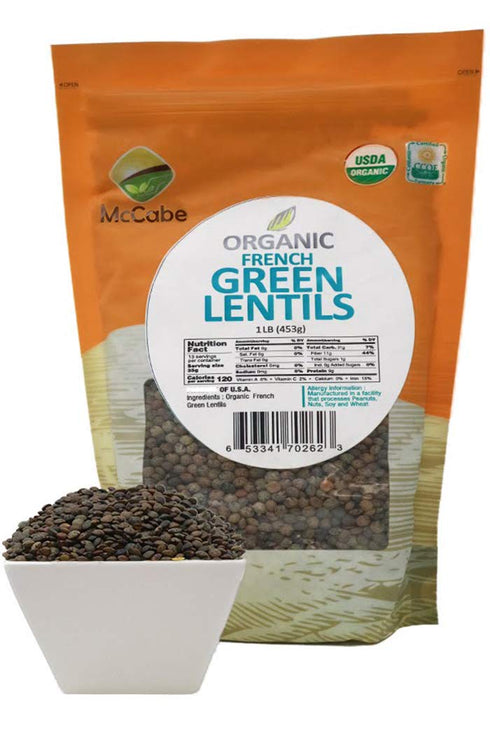 Packed 1Lbs McCabe Organic French Green Lentils - Green Lentils Organic | Rich with Fiber & Minerals | USDA and CCOF