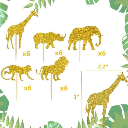 JeVenis 30 Pcs Gold Glitter Jungle Safari Animal Cupcake Toppers for Birthday Party Decorations