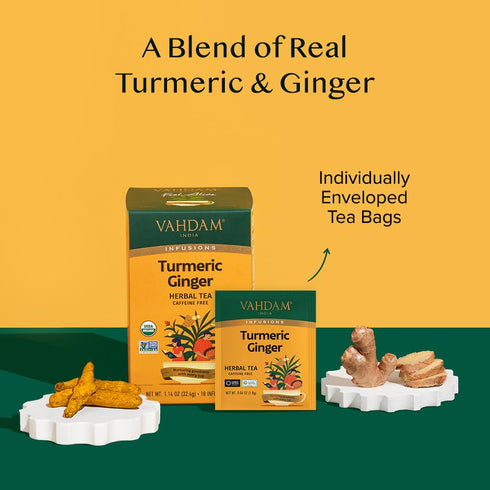 VAHDAM, Organic Turmeric Ginger Herbal Tea Bags (18 Count) Caffeine Free, Gluten Free | 100% Pure Herbal Blend - Earthy & Savory | Eco-Friendly Individually Wrapped Tea Bags | Direct from Source