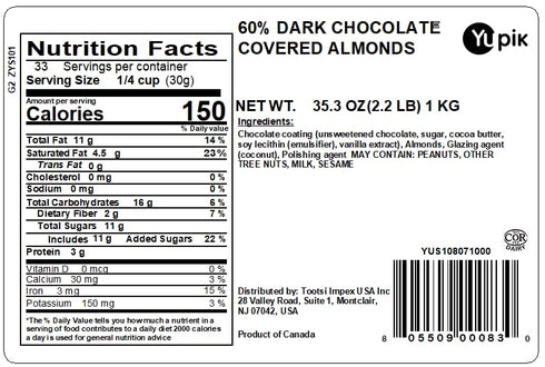 60% 2.2 lb (35.2 oz), Yupik Dark Chocolate Covered Almonds, Kosher, Whole Nuts, Almonds Dipped in Chocolate, Crunchy