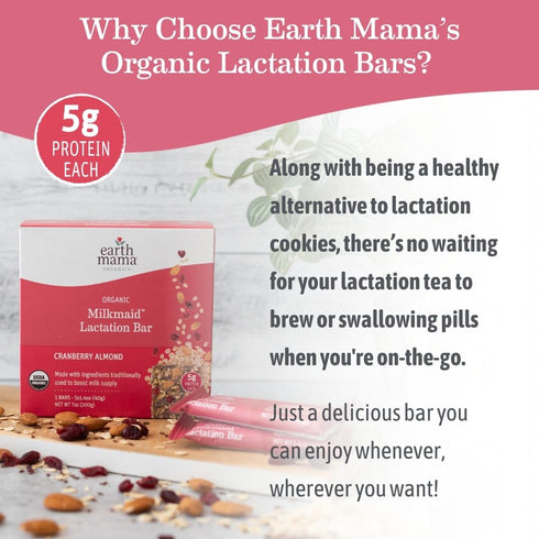 5 Count (Pack 2) Earth Mama Organic Milkmaid Lactation Bars, Cranberry Almond, USDA Certified Organic Breastfeeding