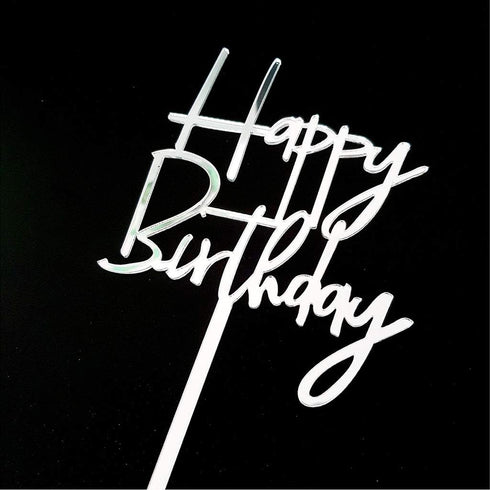 Happy Birthday Acrylic Cake Topper Party Decorations, Mirror Silver