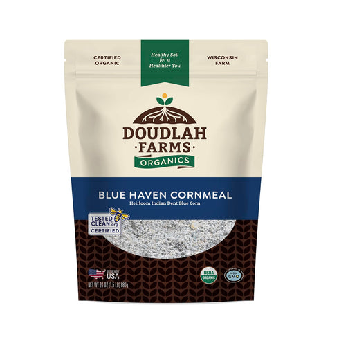 Organic Blue Haven Cornmeal 1.5 lb, Unsalted, Heirloom Indian Dent Blue Corn,