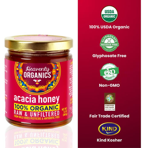 100% (Pack 3, 12 oz) Heavenly Organics Raw Acacia Honey, Organic | Mild Floral Honey from Acacia Blossoms | Unheated