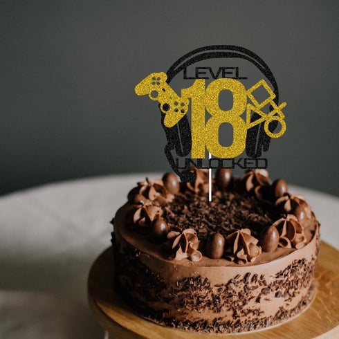 Level 18 Unlocked Cake Topper: Video Game Happy 18th Birthday Cake Decorations, Gold & Black Glitter