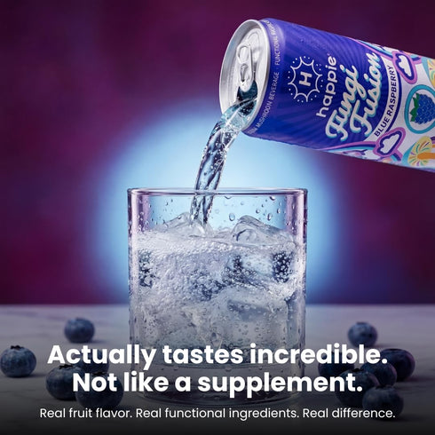 (900mg), (6 Pack) Happie Fungi Fusion Blue Raspberry Sparkling Mushroom Drink with Lion's Mane Cordyceps & Reishi