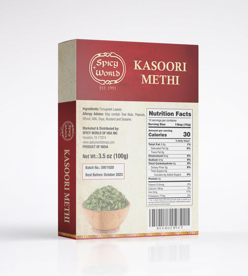 Spicy World Dried Fenugreek Leaves (Kasoori Methi) 3.5oz Box (100g) - All Natural, Vegan, Gluten Friendly, NON-GMO