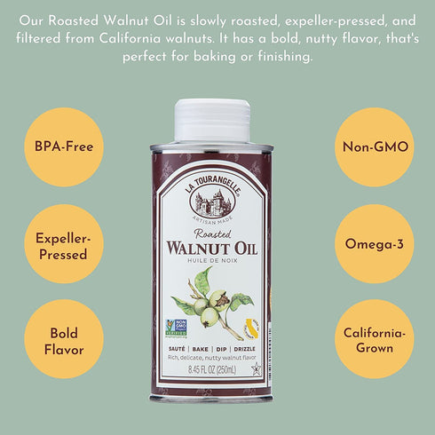 La Tourangelle Roasted Walnut Oil, Plant-Based Omega-3 Fatty Acid Source for Cooking, Baking, & Beauty, 25.4 Fl Oz