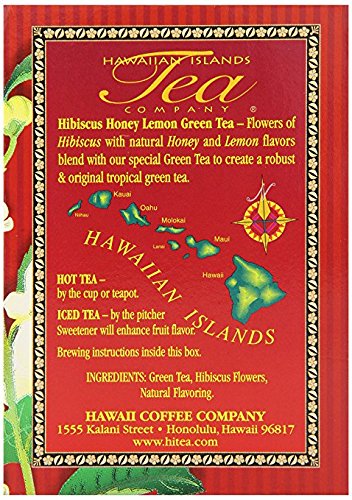 Hawaiian Islands Tea Company Hibiscus Honey Lemon Tropical Green Tea - All Natural, 20 Teabags