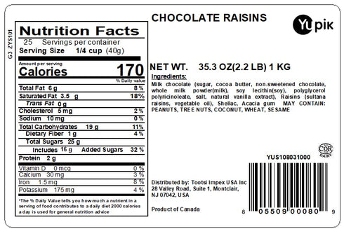 2.2 lb (35.2 oz), Yupik Milk Chocolate Covered Raisins, Kosher, Raisins Dipped in Fine Milk Chocolate, Smooth & Chewy