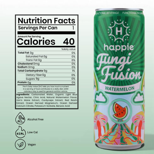 (900mg), (6 Pack) Happie Fungi Fusion Watermelon Sparkling Mushroom Drink with Lion's Mane Cordyceps & Reishi