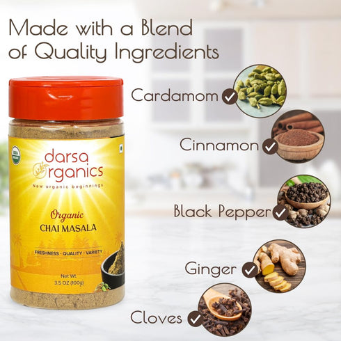 Darsa Organics Chai Masala Powder Spice Blend, 3.5 oz PET Jar with Sprinkler Cap, USDA Organic