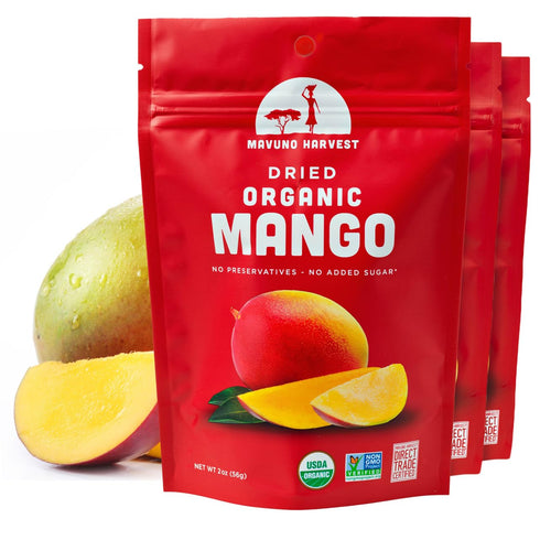Mavuno Harvest Organic Dried Mango Snacks - Unsweetened, Gluten Free, Vegan, Non-GMO, 2 Ounce, Pack of 3