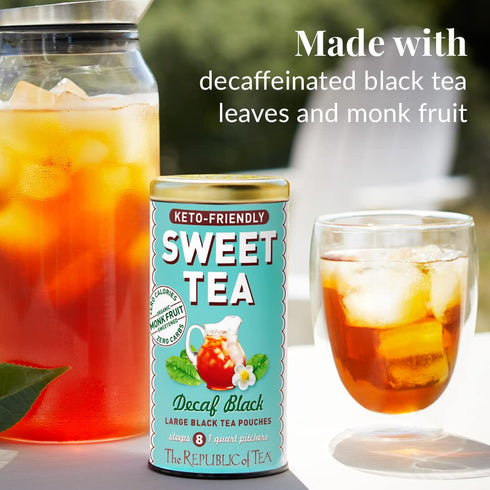 8 (Pack 2) The Republic of Tea Keto-Friendly Sweet Iced Decaf Black Tea, Large Quart-Sized Iced Tea Pouches