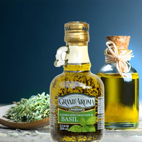 100% 8.5 oz (Pack 2) Mantova GrandAroma Basil Flavored Extra Virgin Olive Oil, made in Italy, cold-pressed, natural