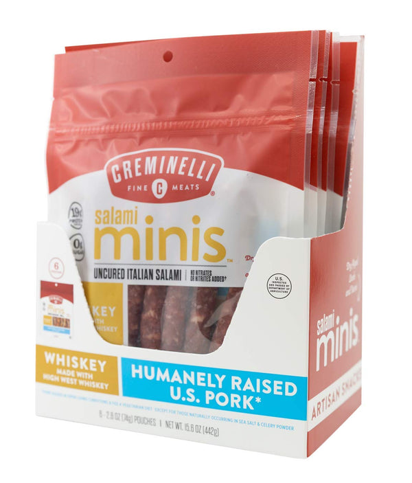Creminelli Whiskey Salami Minis, (6 count, 2.6oz), Humanely Raised Pork*, No Added