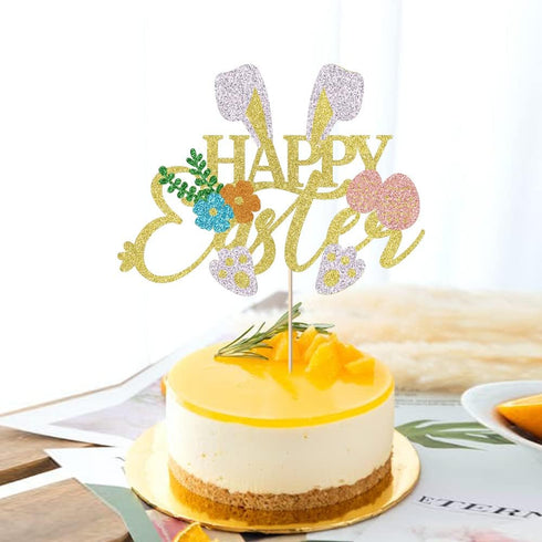 Kaoenla Gold Glitter Happy Easter Cake Topper - Bunny Easter Egg Decor, Spring Floral Easter Party Decorations Supplies
