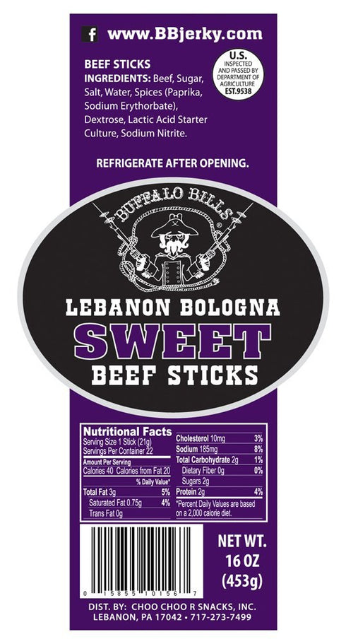 1-lb Pack Buffalo Bills Sweet Lebanon Bologna Sticks (Pennsylvania Dutch sweet beef sticks)