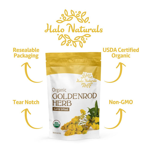 Halo Naturals 4 Packaged (Pack 1) Organic Goldenrod Herb Cut & Sifted, Ounces (Solidago virgaurea) USDA Certified |