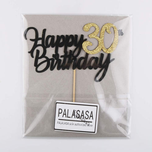 PALASASA Black Gold Glitter Happy Birthday Cake Topper - 30th Anniversary/Birthday Party Decoration