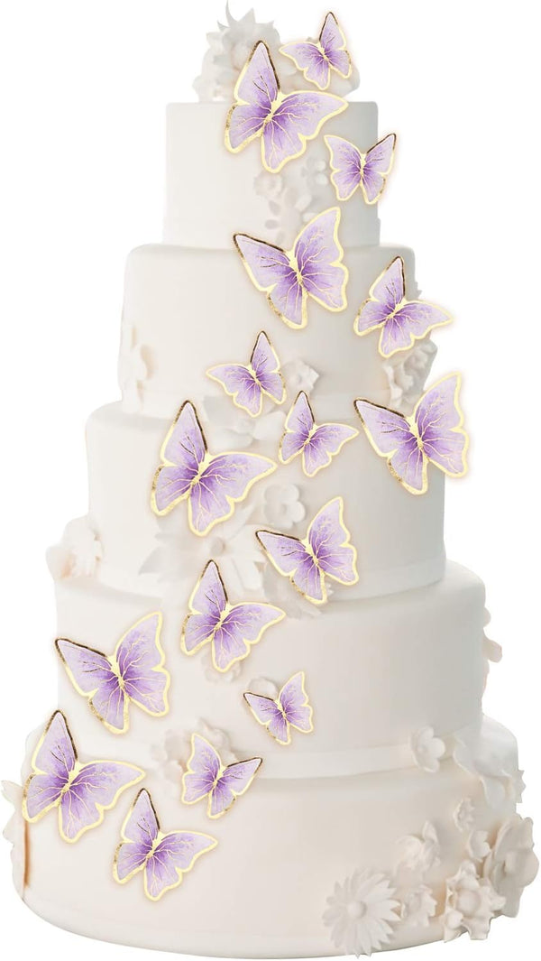 Set of 66 Pack Mixed Size & Colour Purple Gold Cupcake Toppers 3D Butterfly Cake Picks with Dot Glue for Party