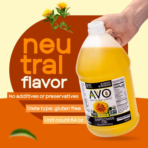 64 Fl-oz 465F AVO Organic Safflower Oil for Cooking, Frying, Baking, Salads, Vinaigrette, Marinades. General Cooking