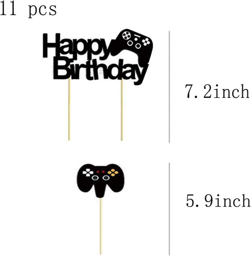 11 Pcs Video Game Happy Birthday Cake Toppers Set - Game Controllers Cupcake Decorations Picks for Kids or Man Party