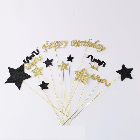 Handmade Black and Gold Glitter Pentacle Cake Toppers, Happy Birthday Cake Bunting Topper Paper Decoration